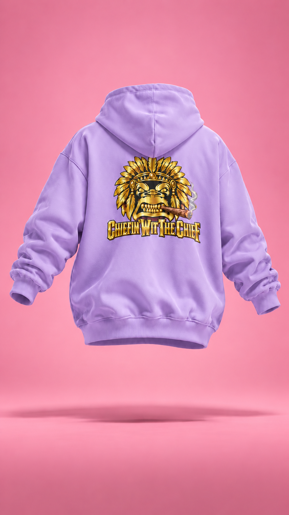 Brain Bangin' and Chiefin' lavender hoodie, back view