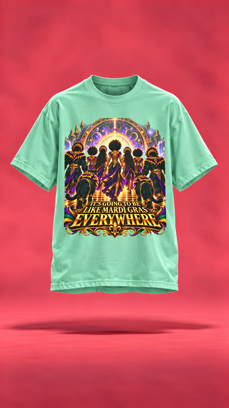 Mardi Gras Everywhere mint t-shirt, front view