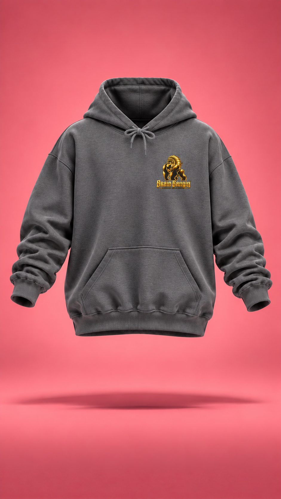 Brain Bangin' and Chiefin' charcoal hoodie, front view