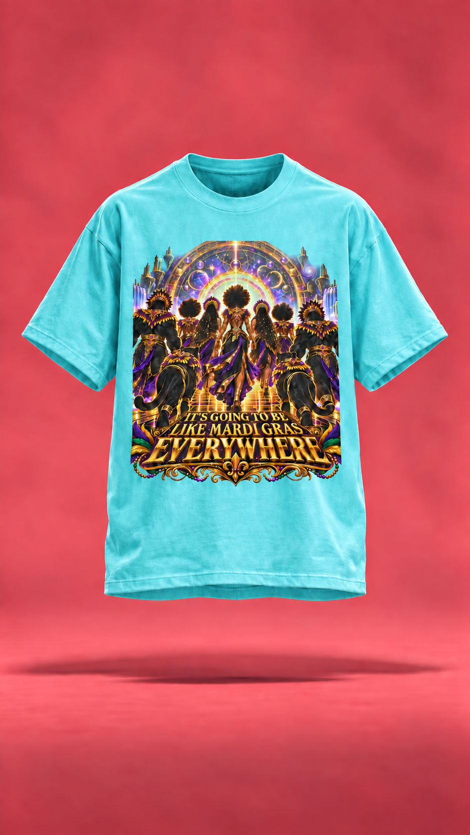 Mardi Gras Everywhere turquoise t-shirt, front view