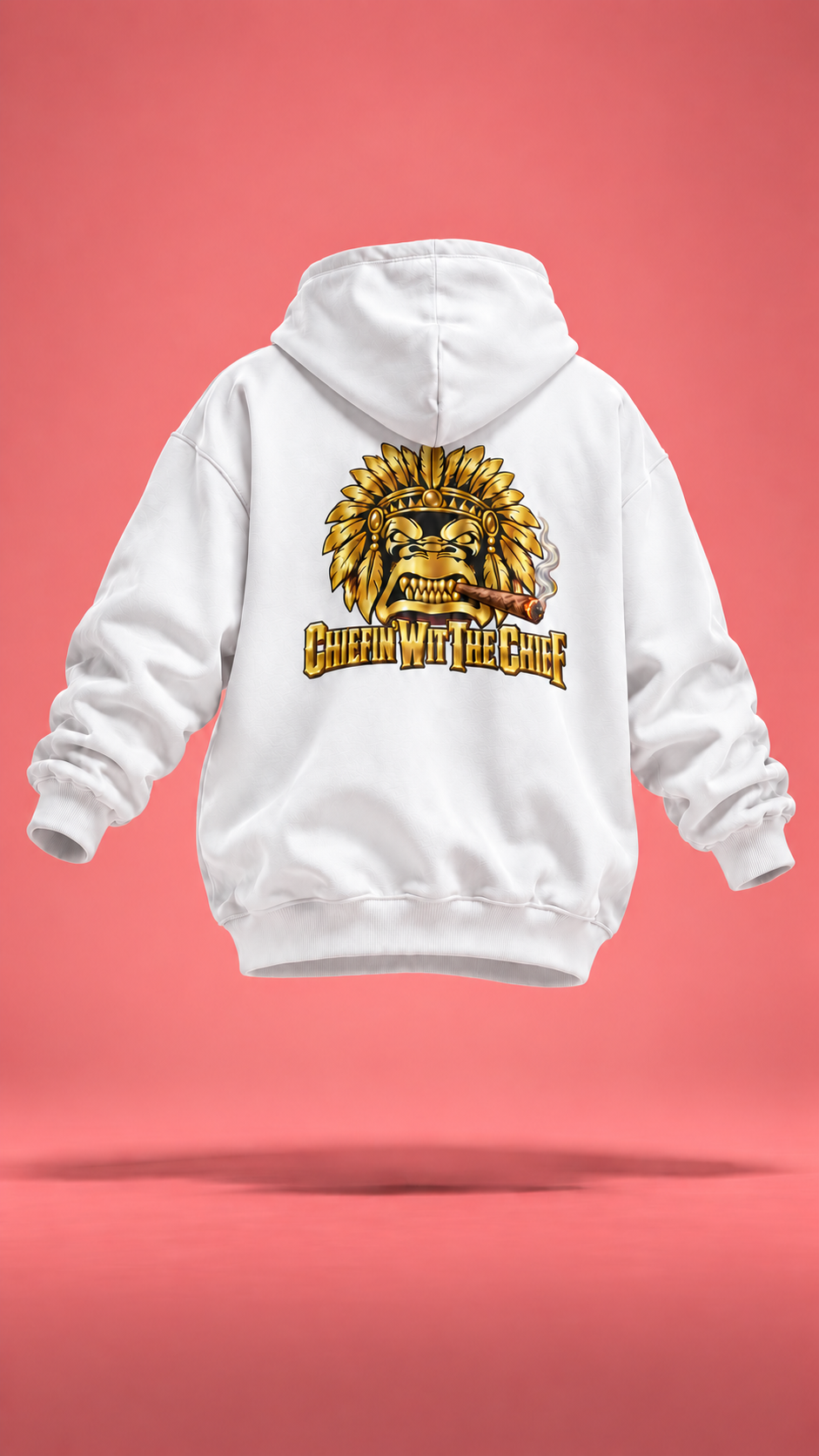 Brain Bangin' and Chiefin' white hoodie, back view