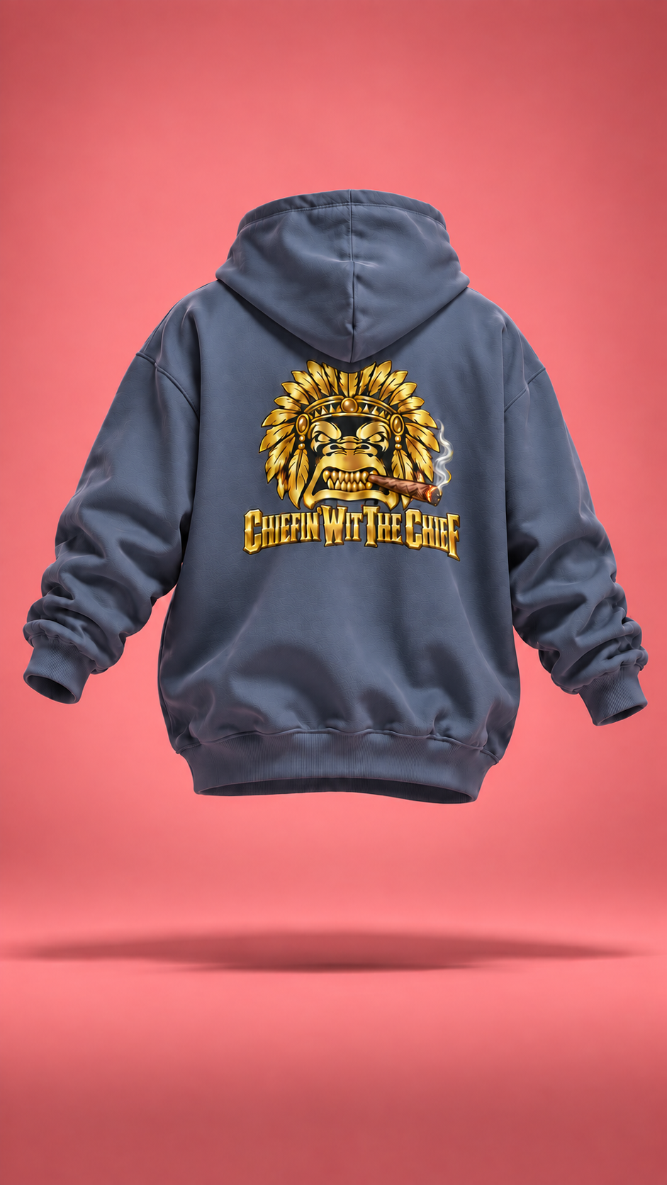 Brain Bangin' and Chiefin' blue-gray hoodie, back view