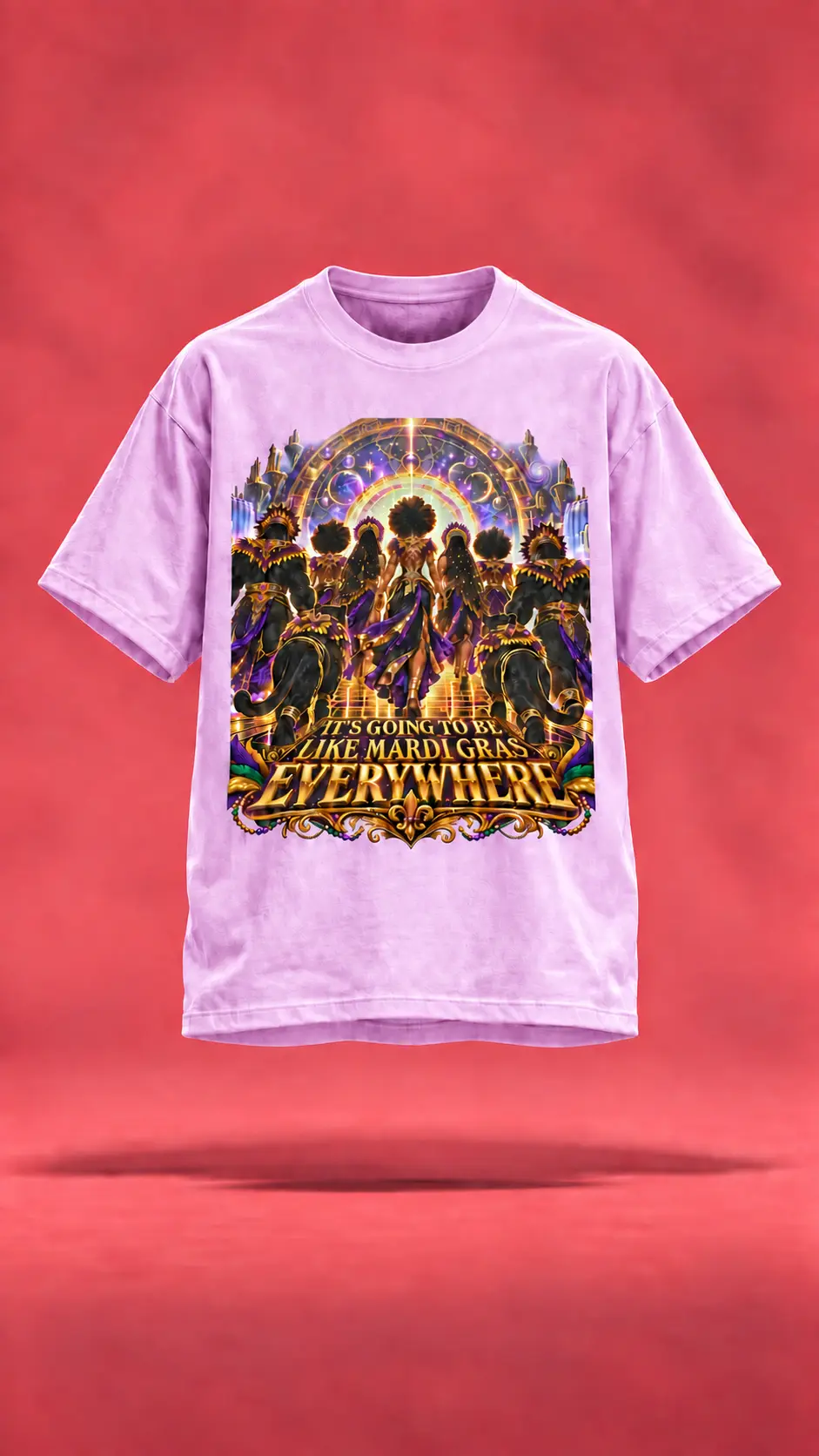 Mardi Gras Everywhere pale pink t-shirt, front view