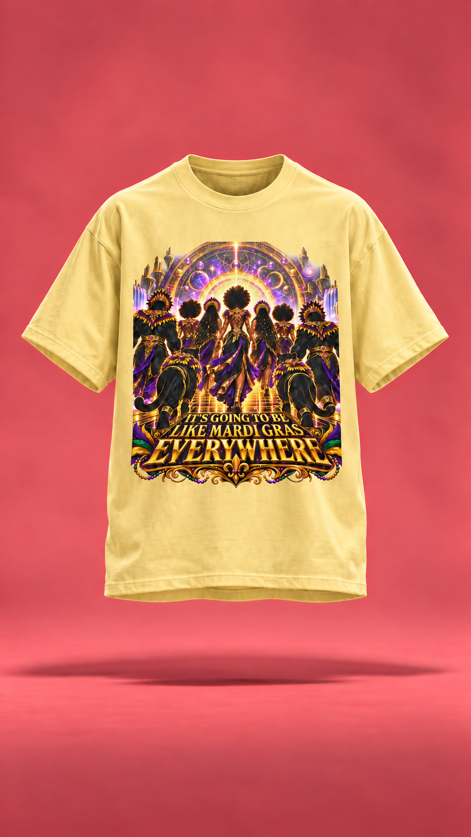 Mardi Gras Everywhere yellow t-shirt, front view