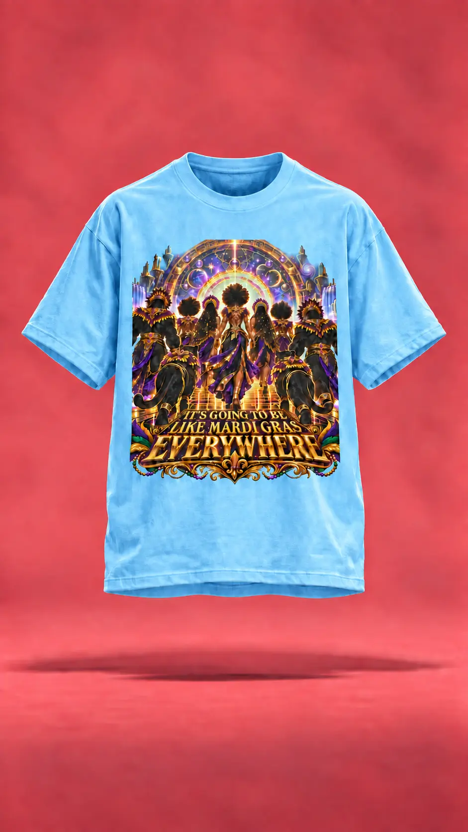 Mardi Gras Everywhere blue t-shirt, front view