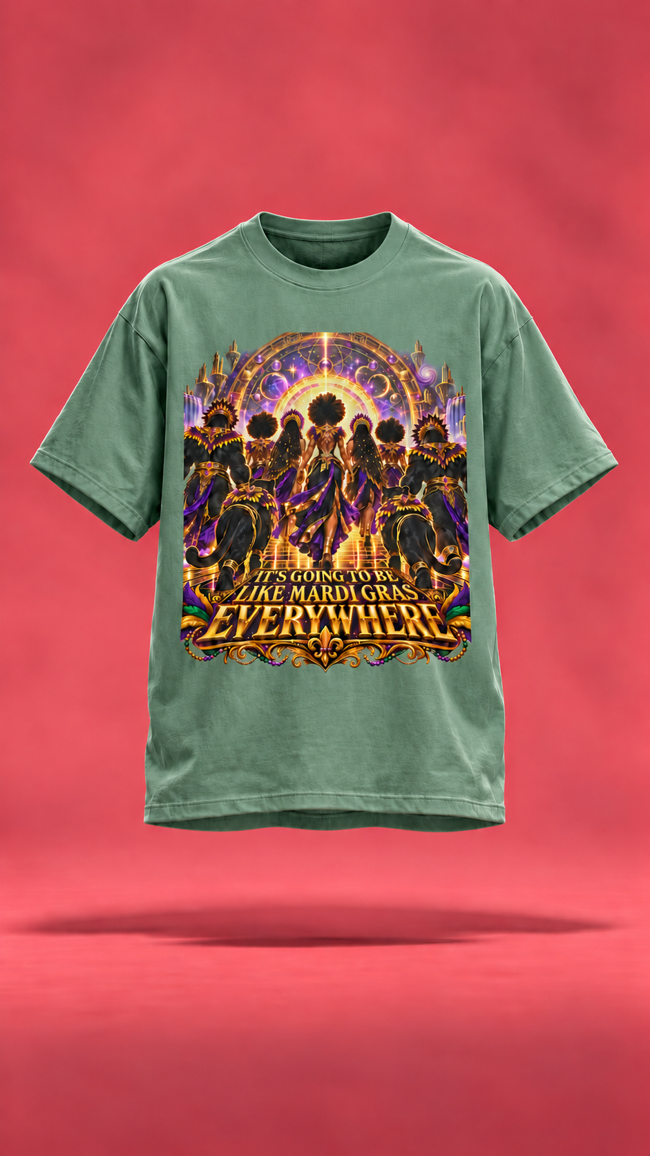 Mardi Gras Everywhere forest green t-shirt, front view