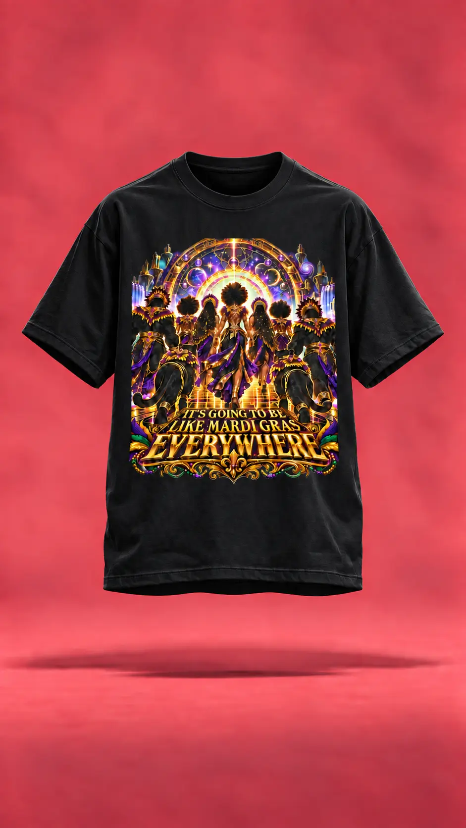 Mardi Gras Everywhere black t-shirt, front view