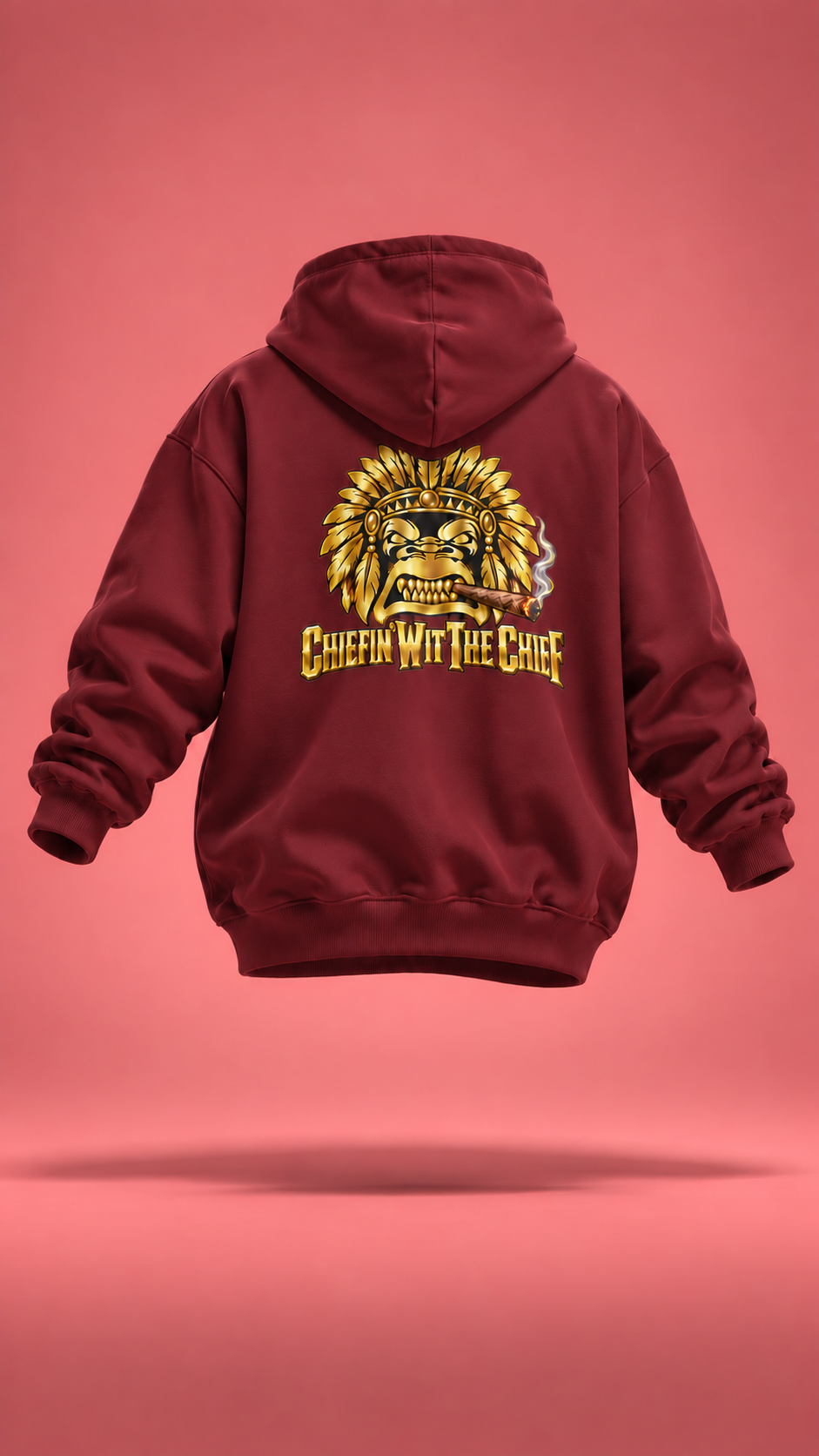 Brain Bangin' and Chiefin' burgundy hoodie, back view