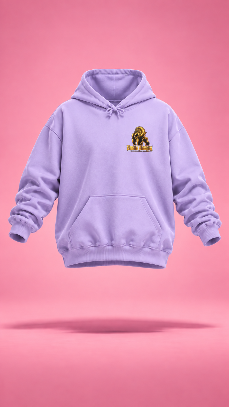 Brain Bangin' and Chiefin' lavender hoodie, front view