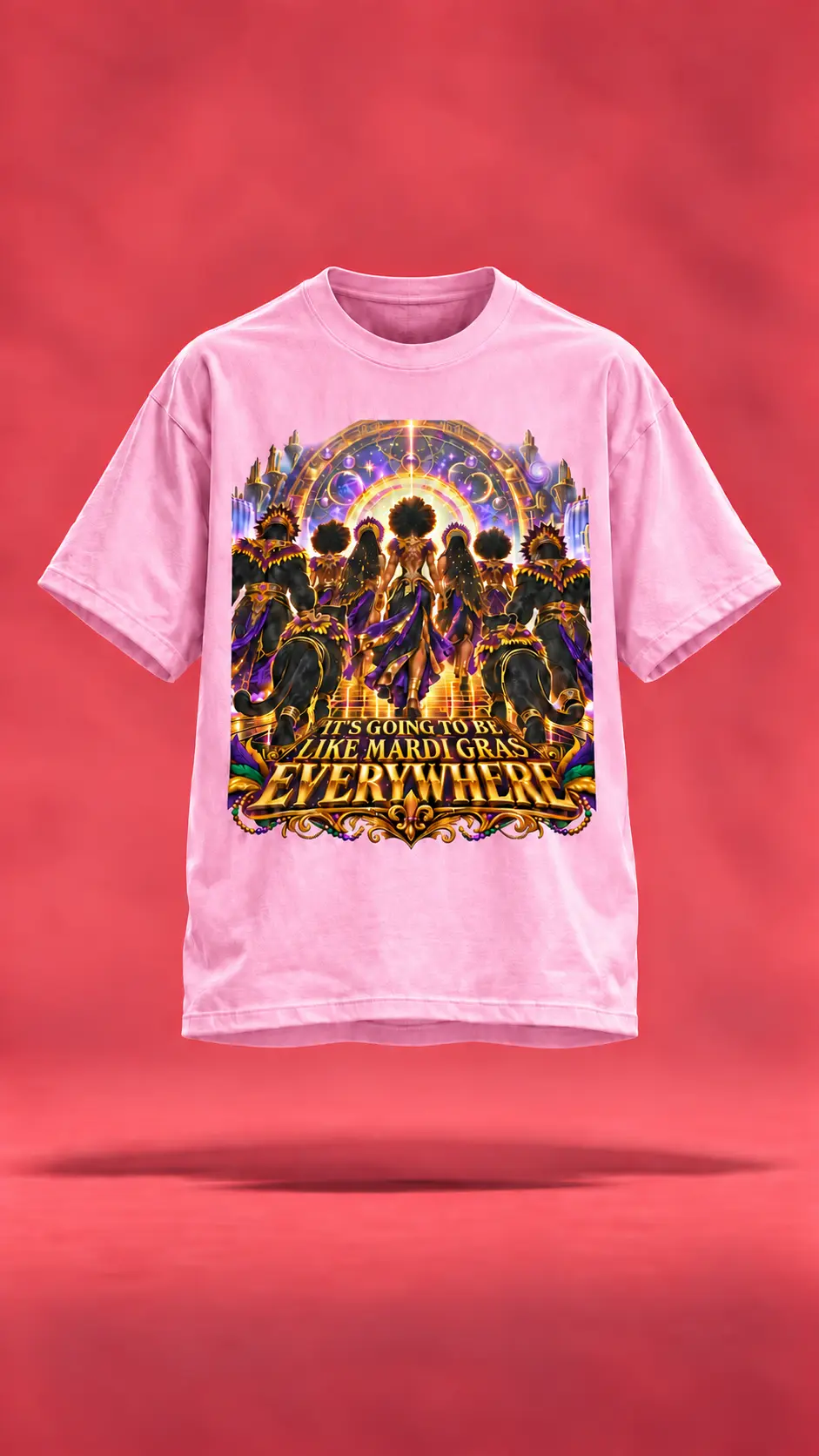 Mardi Gras Everywhere pink t-shirt, front view