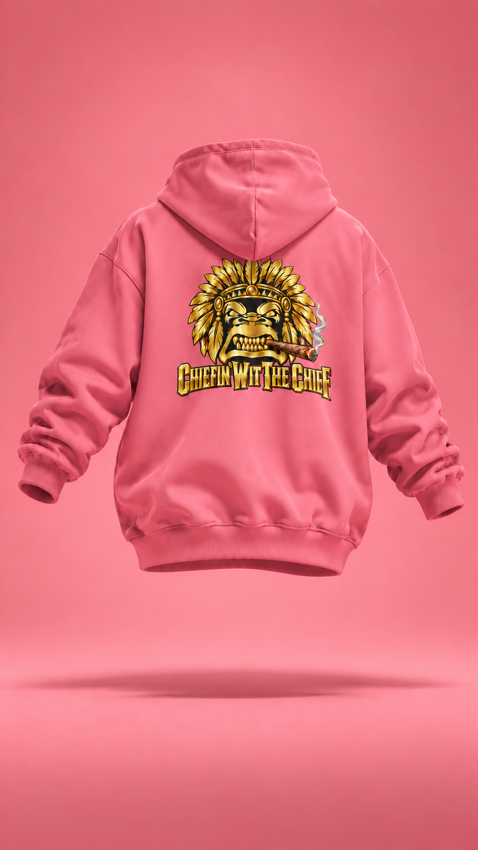 Brain Bangin' and Chiefin' pink hoodie, back view