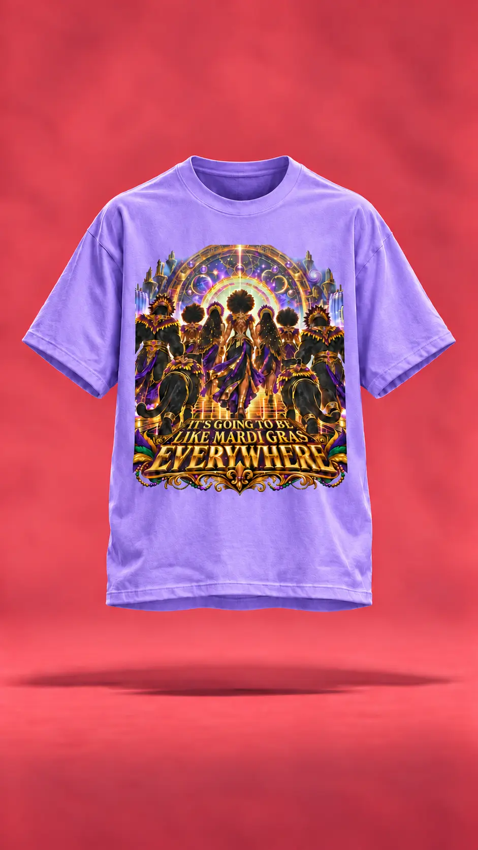 Mardi Gras Everywhere lavender t-shirt, front view