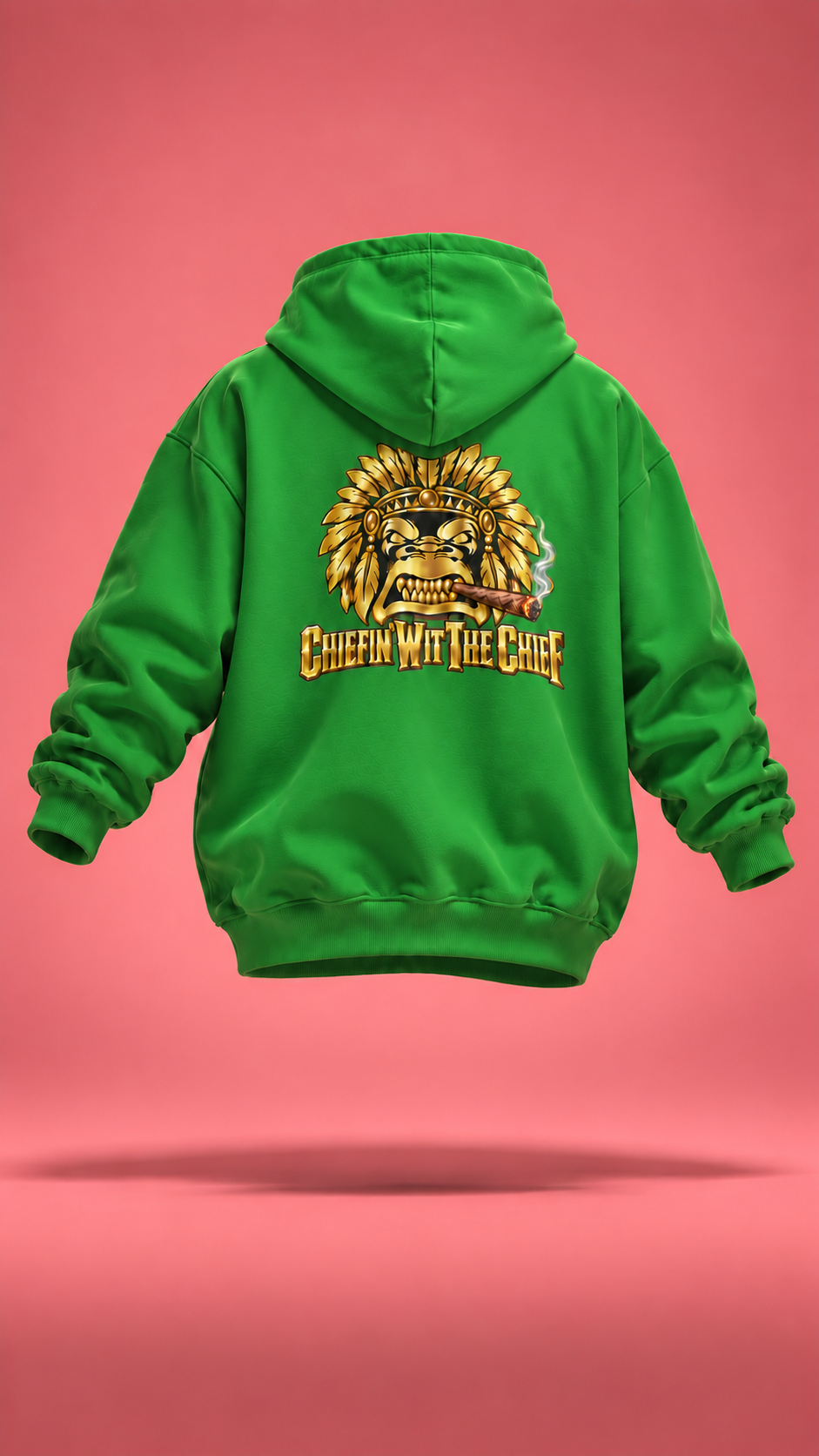 Brain Bangin' and Chiefin' green hoodie, back view