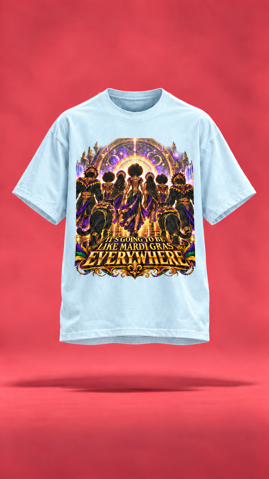 Mardi Gras Everywhere light blue t-shirt, front view