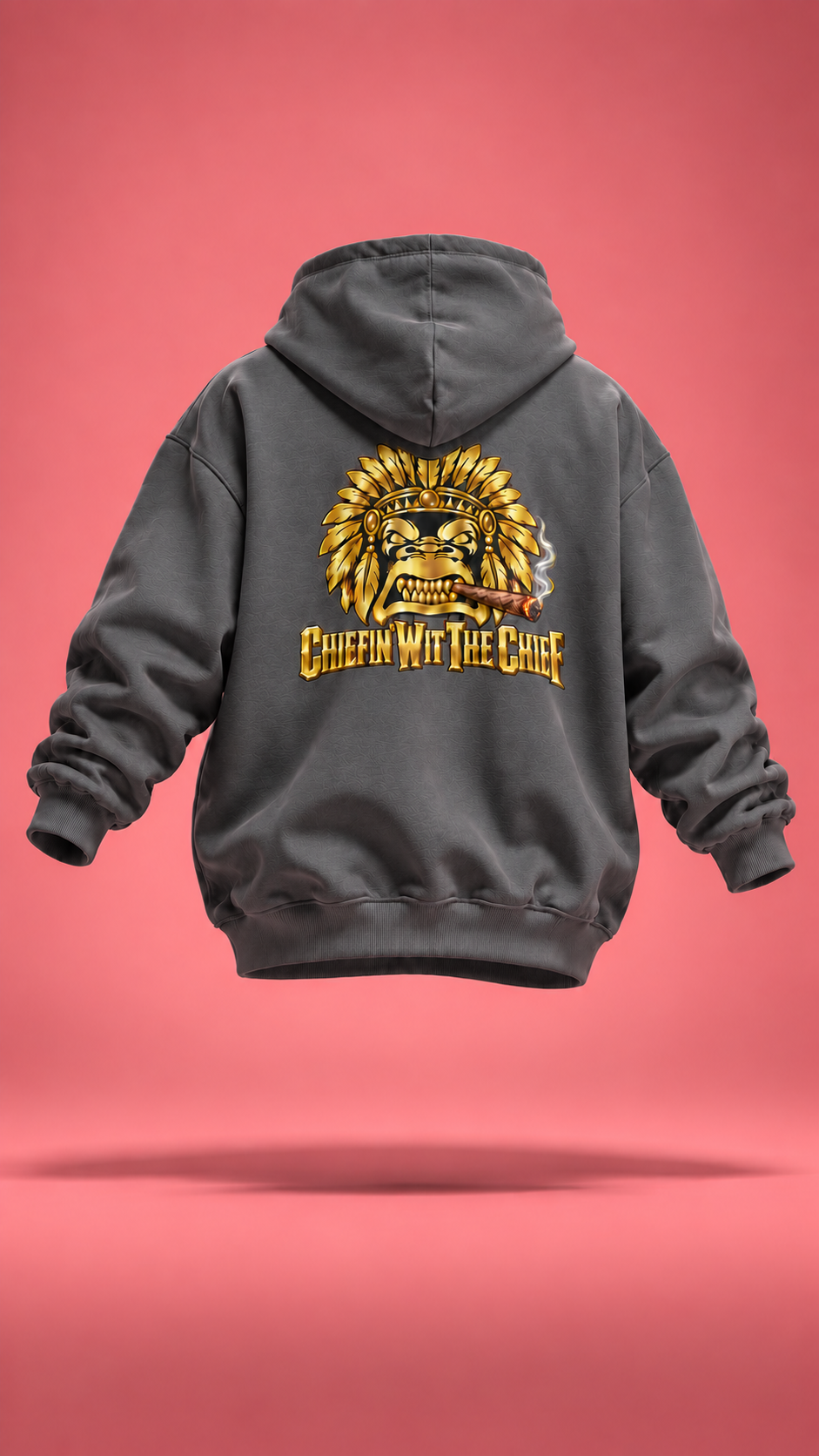 Brain Bangin' and Chiefin' charcoal hoodie, back view
