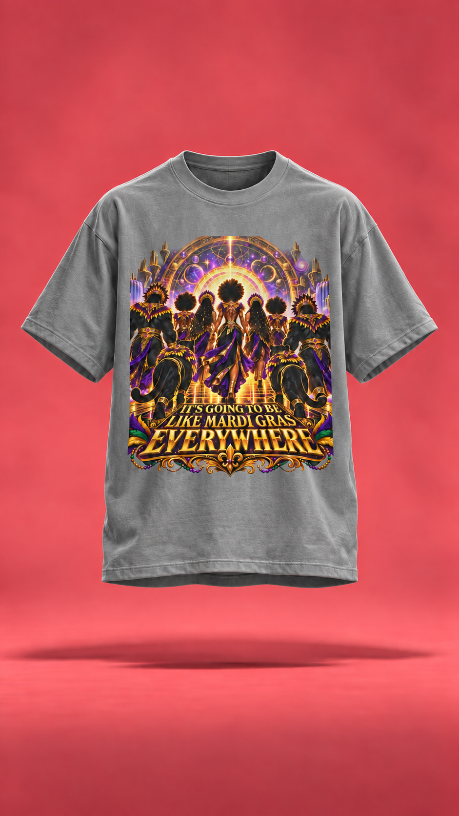 Mardi Gras Everywhere gray t-shirt, front view