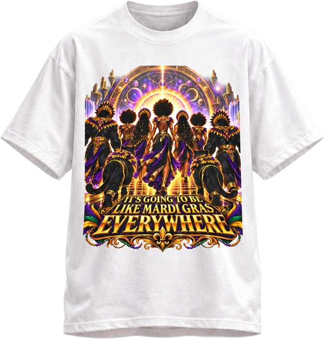 Mardi Gras Everywhere white t-shirt, front view